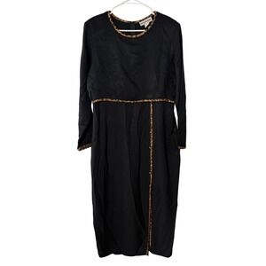 David Benjamin Vintage Black Midi Dress Leopard Print Trim Long Sleeve Size 12